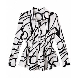 Orchid Haze Womens Blouse Black White Abstract Print Smocked Waist Peplum L